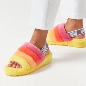 UGG Fluff Yeah slipper in yellow rainbow